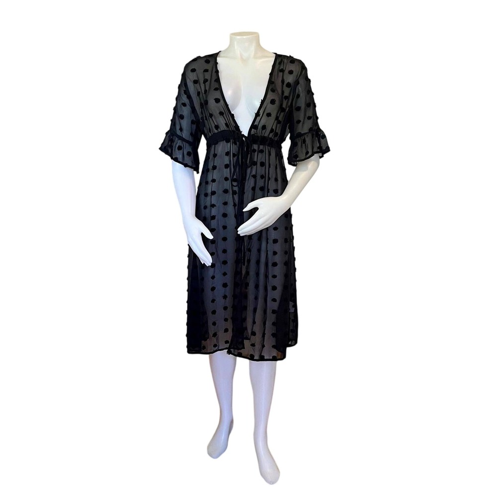 Black Sheer Swiss Dot Kimono Duster Ruffle Sleeve Cover Up Whimsigoth Boho Beach